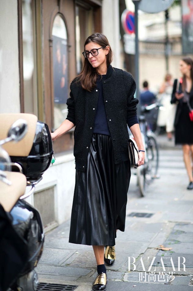 Le-Fashion-Blog-Street-Style-Bomber-Jacket-Leather-Pleated-Skirt-Celine-Gold-Oxfords-Paris-Fashion-Week-Via-NY-Mag